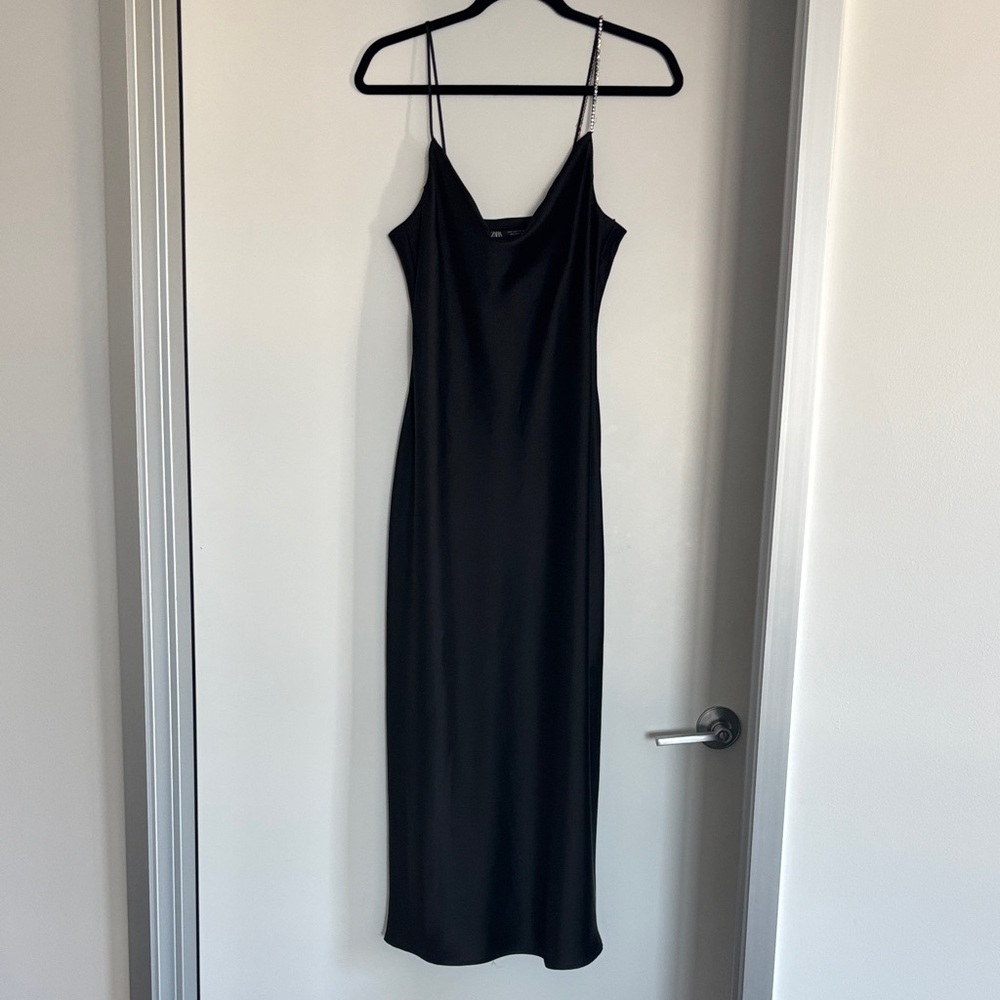 Zara Black Silk Maxi Dress with Spaghetti Straps